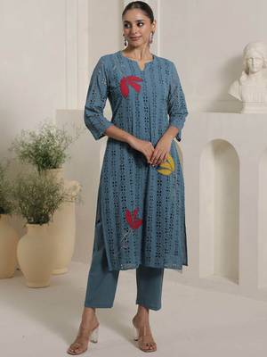 Women Embroidered  Cotton Kurta With Trouser 6