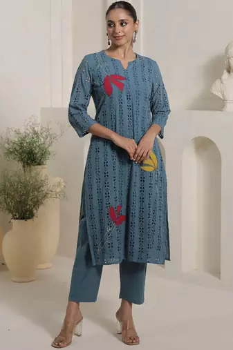 Women Embroidered Pure Cotton Kurta With Trouser