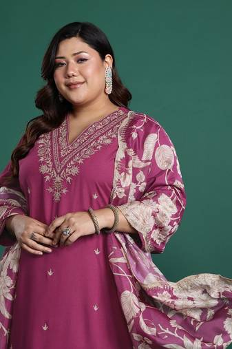 Plus Size Pink Embroidered Straight Kurta Salwar With Dupatta Set
