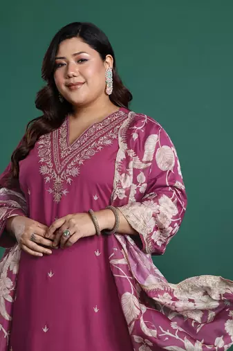 Plus Size Pink Embroidered Straight Kurta Salwar With Dupatta Set