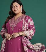 Plus Size Pink Embroidered Straight Kurta Salwar With Dupatta Set