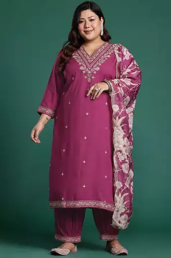 Plus Size Pink Embroidered Straight Kurta Salwar With Dupatta Set