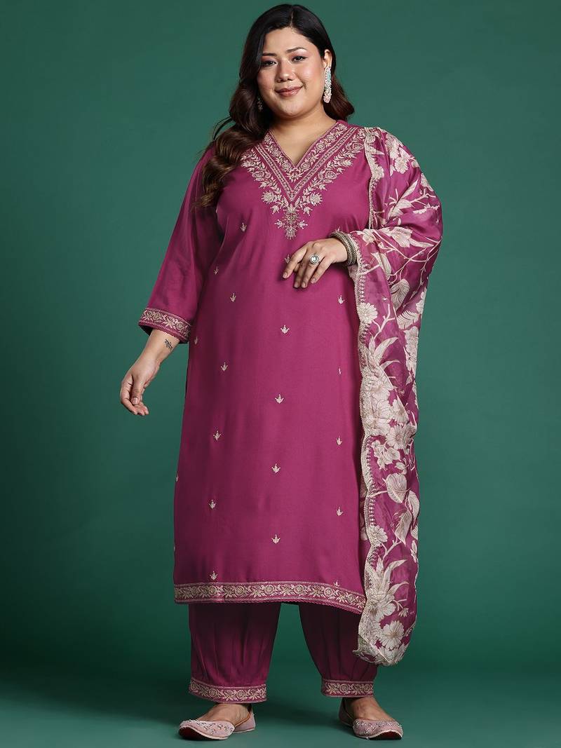 Plus Size Pink Embroidered Straight Kurta Salwar With Dupatta Set