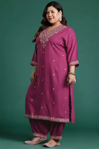 Plus Size Pink Embroidered Straight Kurta Salwar With Dupatta Set