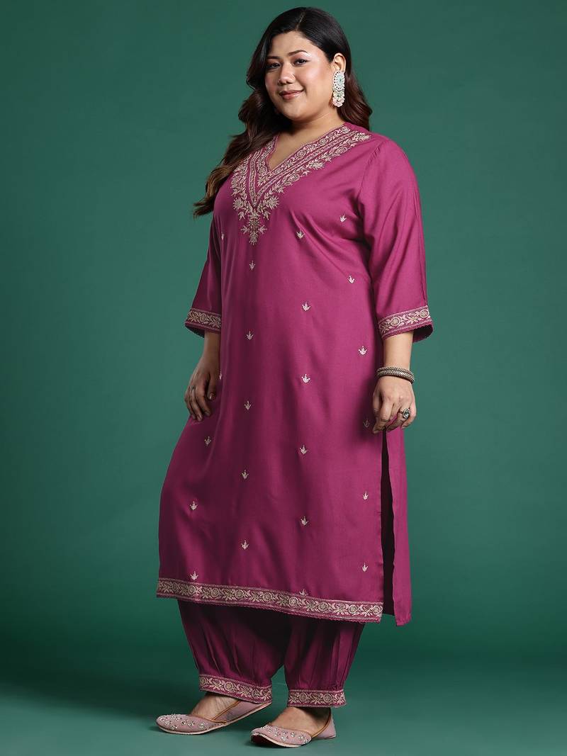 Plus Size Pink Embroidered Straight Kurta Salwar With Dupatta Set