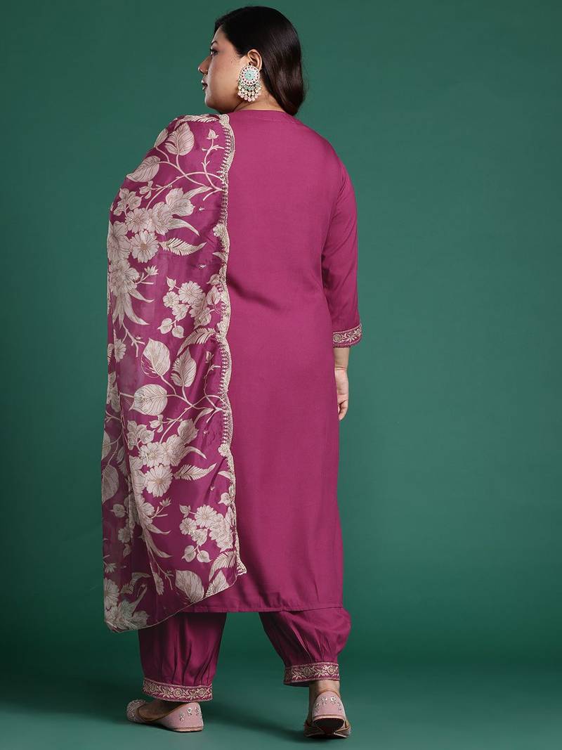 Plus Size Pink Embroidered Straight Kurta Salwar With Dupatta Set
