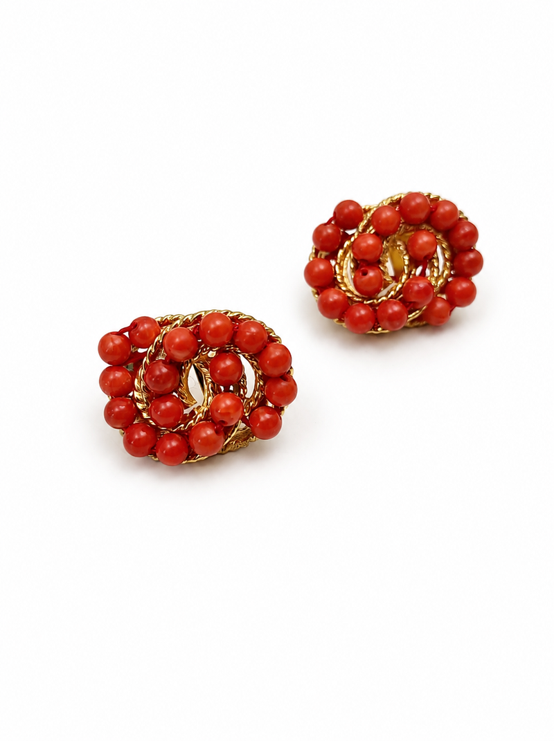 Coral bead stud earrings with gold twisted wire detail