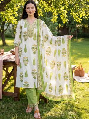 Women Floral Printed Regular  Cotton Kurta with Trousers & With Dupatta 6