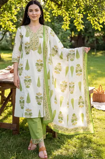 Women Floral Printed Regular  Cotton Kurta with Trousers & With Dupatta