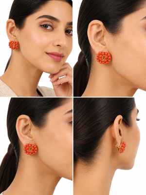 Coral bead stud earrings with gold twisted wire detail 3