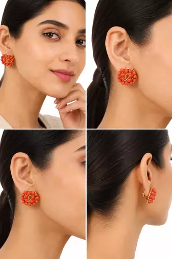 Coral bead stud earrings with gold twisted wire detail