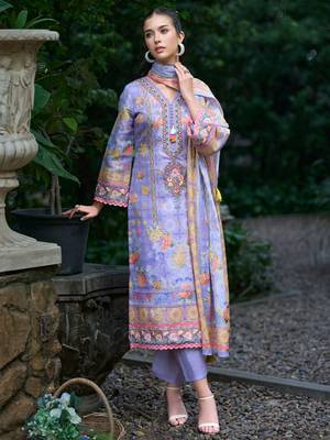 Women Floral Printed Regular Thread Work Linen Kurta with Trousers & With Dupatta 1