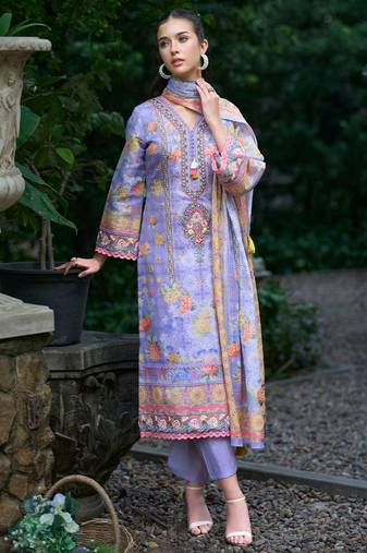 Women Floral Printed Regular Thread Work Linen Kurta with Trousers & With Dupatta