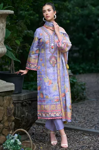 Women Floral Printed Regular Thread Work Linen Kurta with Trousers & With Dupatta