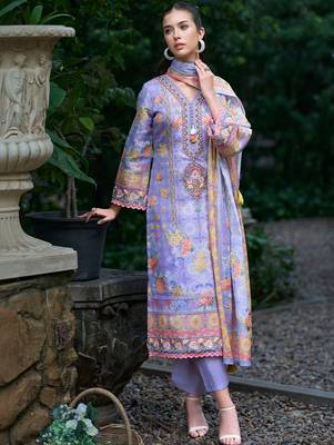 Women Floral Printed Regular Thread Work Linen Kurta with Trousers & With Dupatta 4