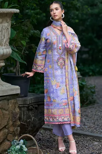 Women Floral Printed Regular Thread Work Linen Kurta with Trousers & With Dupatta