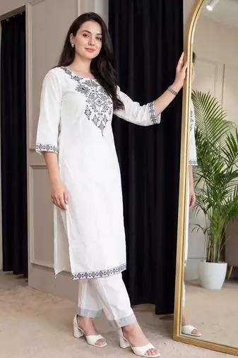 Women Ethnic Motifs Embroidered Regular Thread Work  Cotton Kurta with Trousers