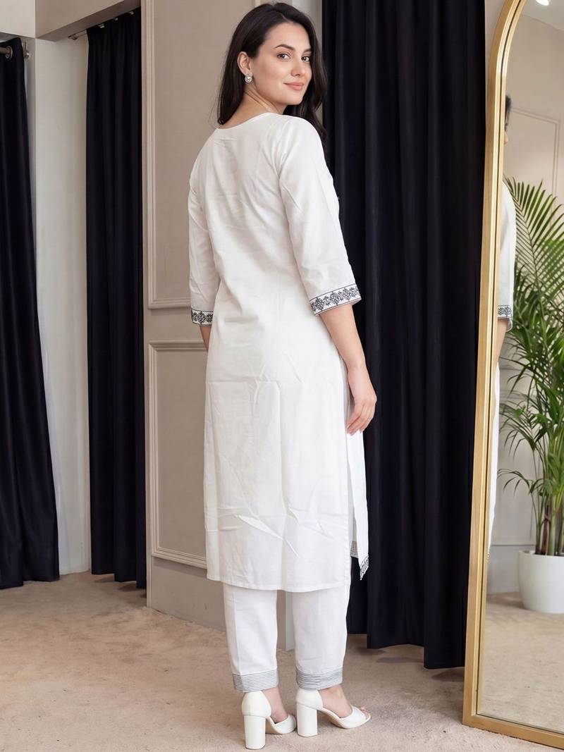 Women Ethnic Motifs Embroidered Regular Thread Work  Cotton Kurta with Trousers