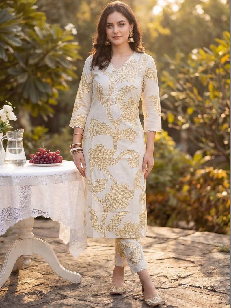 Women Floral Printed Regular  Cotton Kurta with Trousers