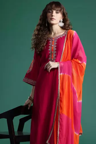 Ethnic Motifs Embroidered Zari Kurta With Trousers & Dupatta