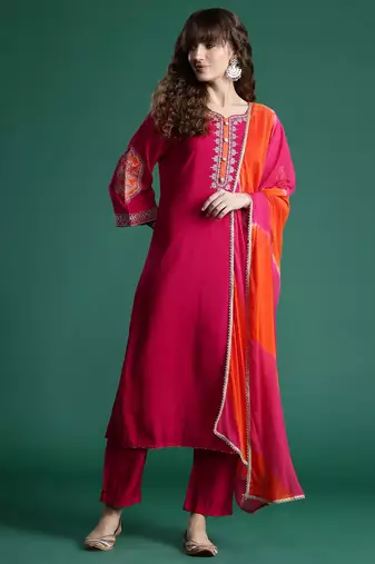 Ethnic Motifs Embroidered Zari Kurta With Trousers & Dupatta
