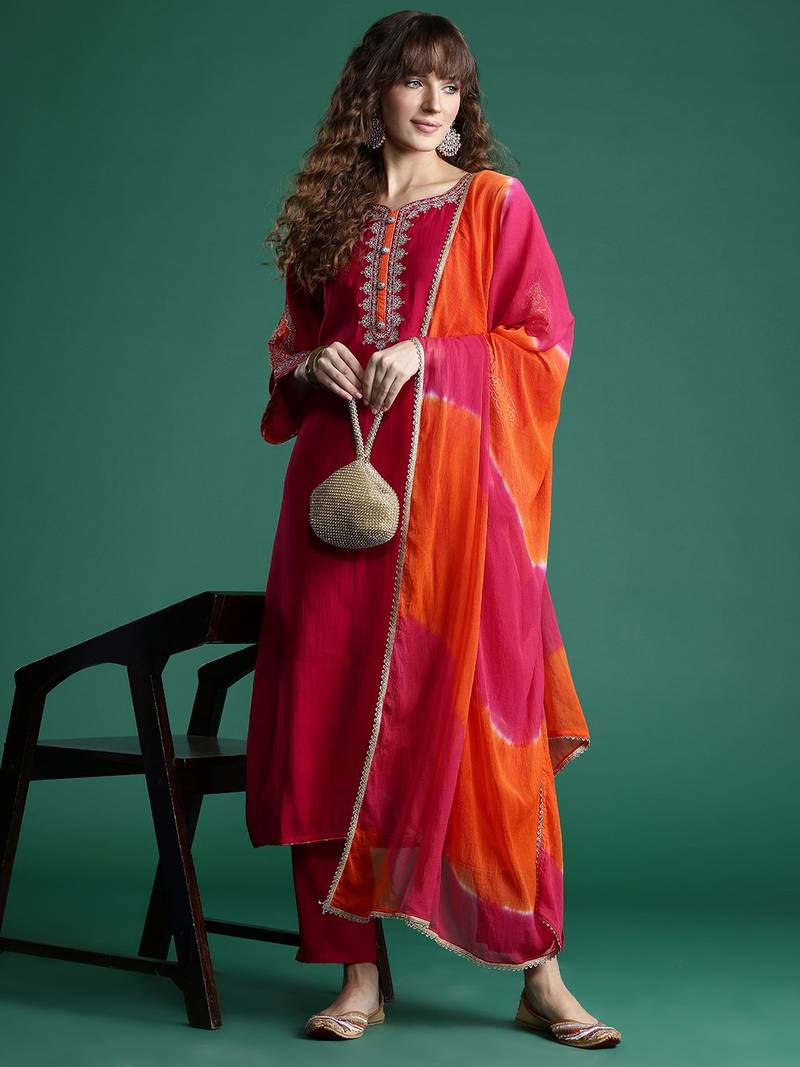 Ethnic Motifs Embroidered Zari Kurta With Trousers & Dupatta