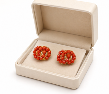 Coral bead stud earrings with gold twisted wire detail 4