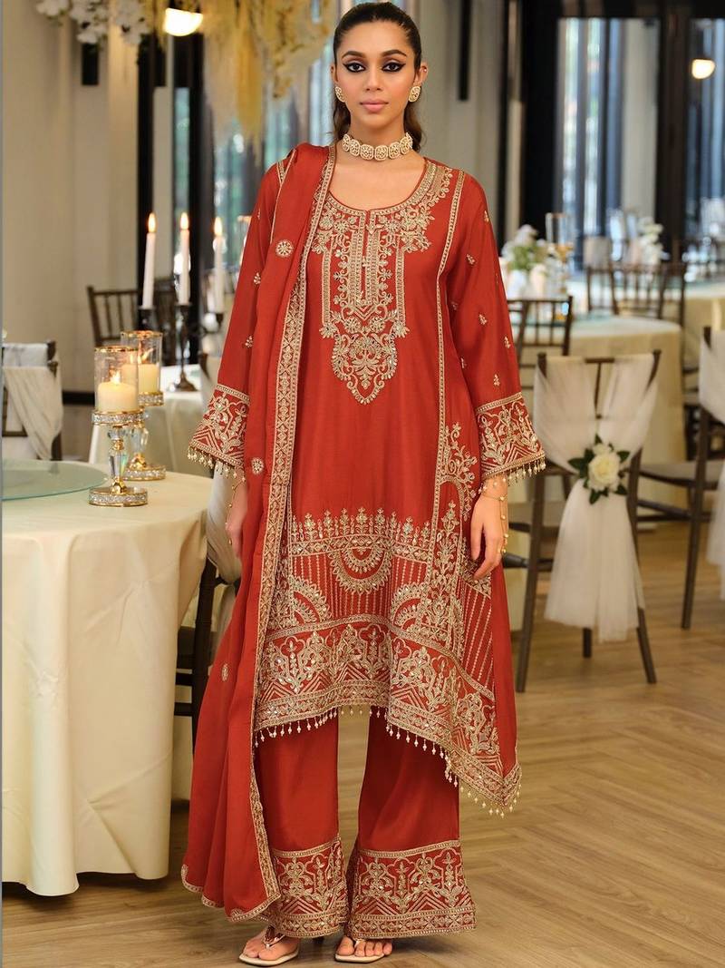 Women Ethnic Motifs Embroidered Regular Thread Work Kurta with Palazzos & With Dupatta