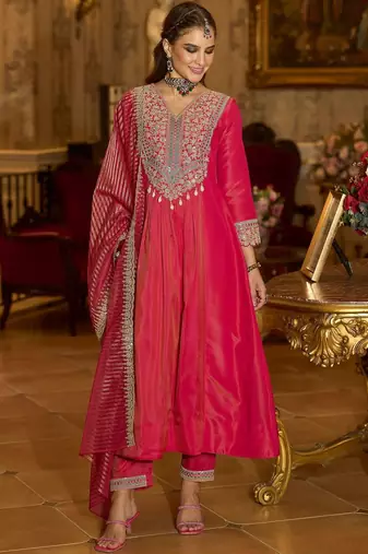 Floral Embroidered V-Neck A-Line Kurta With Trousers & Dupatta