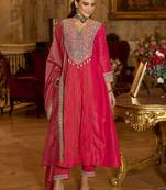Floral Embroidered V-Neck A-Line Kurta With Trousers & Dupatta