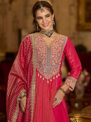 Floral Embroidered V-Neck A-Line Kurta With Trousers & Dupatta 2