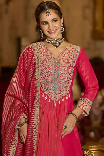 Floral Embroidered V-Neck A-Line Kurta With Trousers & Dupatta