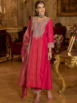 Floral Embroidered V-Neck A-Line Kurta With Trousers & Dupatta 3