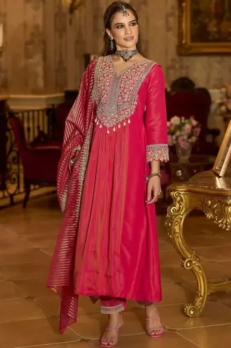 Floral Embroidered V-Neck A-Line Kurta With Trousers & Dupatta