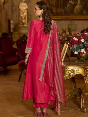 Floral Embroidered V-Neck A-Line Kurta With Trousers & Dupatta 4