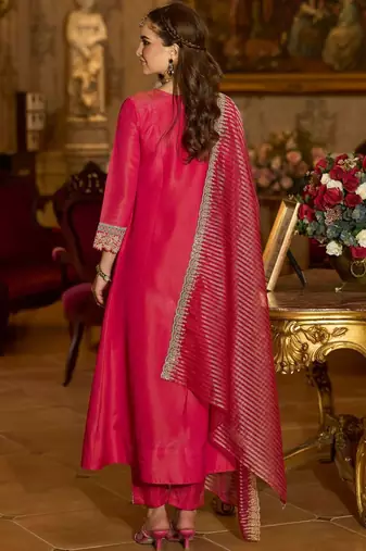 Floral Embroidered V-Neck A-Line Kurta With Trousers & Dupatta