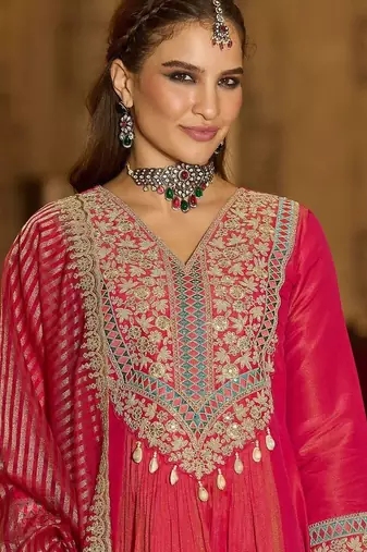 Floral Embroidered V-Neck A-Line Kurta With Trousers & Dupatta