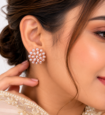 Pearl cluster flower stud earrings, pink freshwater pearl 1