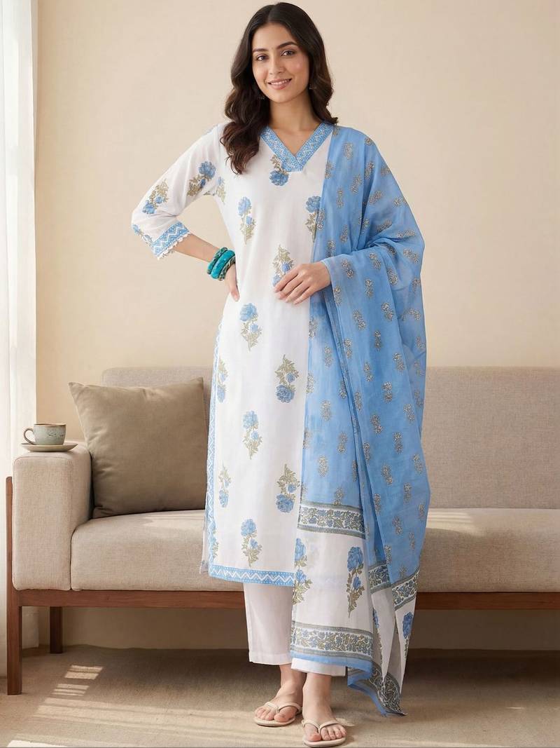 Women Floral Printed Regular  Cotton Kurta with Trousers & With Dupatta