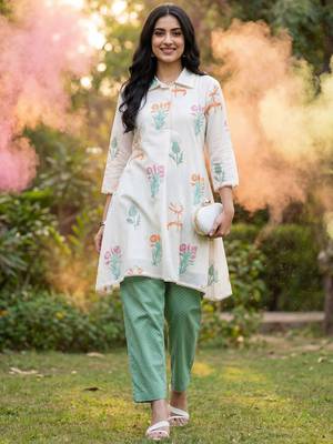 Floral Printed Shirt Collar  Cotton A-Line Kurta With Trouser 1