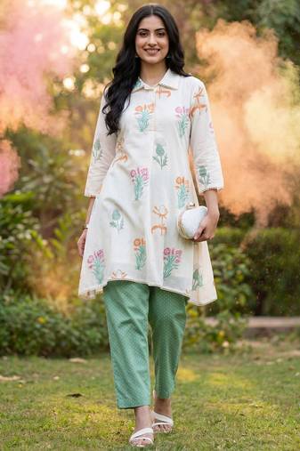 Floral Printed Shirt Collar Cotton A-Line Kurta With Trouser