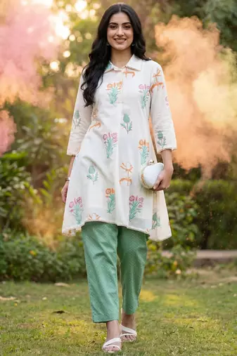 Floral Printed Shirt Collar  Cotton A-Line Kurta With Trouser