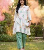 Floral Printed Shirt Collar  Cotton A-Line Kurta With Trouser