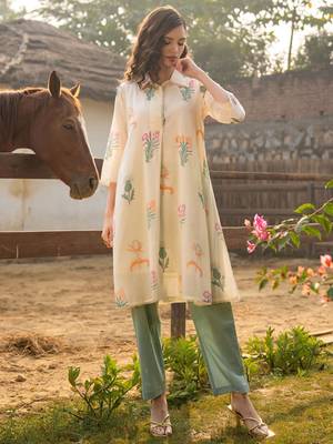 Floral Printed Shirt Collar  Cotton A-Line Kurta With Trouser 2