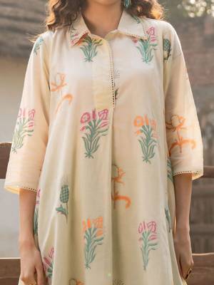 Floral Printed Shirt Collar  Cotton A-Line Kurta With Trouser 3