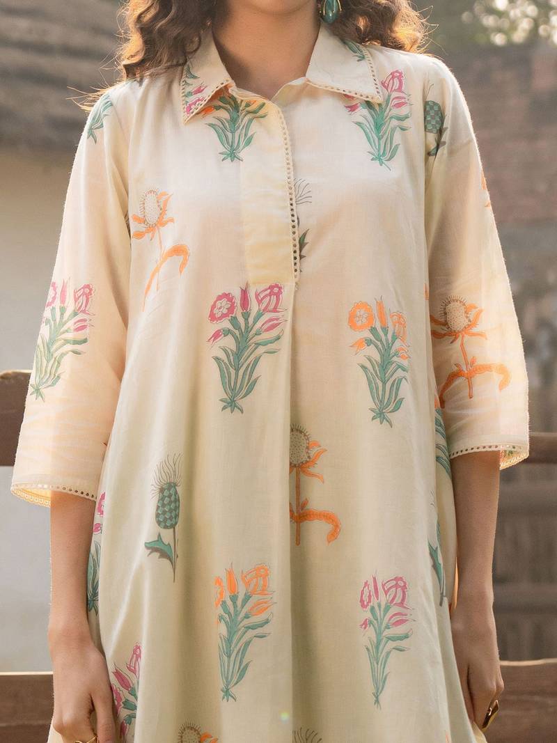 Floral Printed Shirt Collar  Cotton A-Line Kurta With Trouser