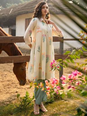 Floral Printed Shirt Collar  Cotton A-Line Kurta With Trouser 4