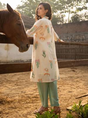 Floral Printed Shirt Collar  Cotton A-Line Kurta With Trouser 5