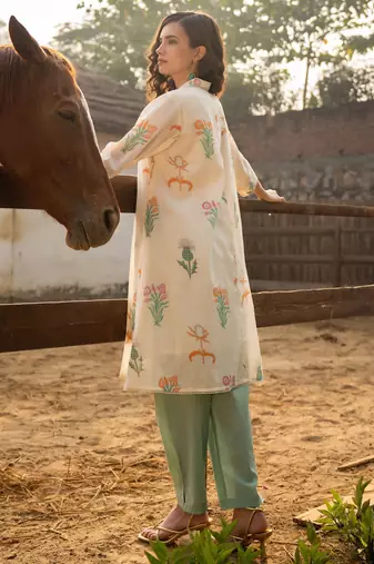 Floral Printed Shirt Collar  Cotton A-Line Kurta With Trouser