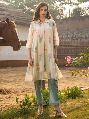 Floral Printed Shirt Collar  Cotton A-Line Kurta With Trouser 6